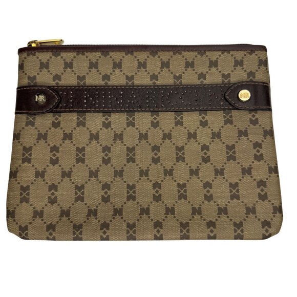 Nina Ricci Beige Brown Monogram Clutch Makeup Travel Bag Set of 2 Zipper Closure - Picture 9 of 13